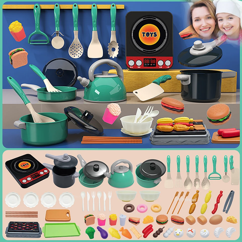 Detské kuchynské hračky Set 59/69 PCS Hrajte kuchynské doplnky súprava s hraním hrnce Pans Predstierať jedlo varenie hračky Toddler Girls Boy darček