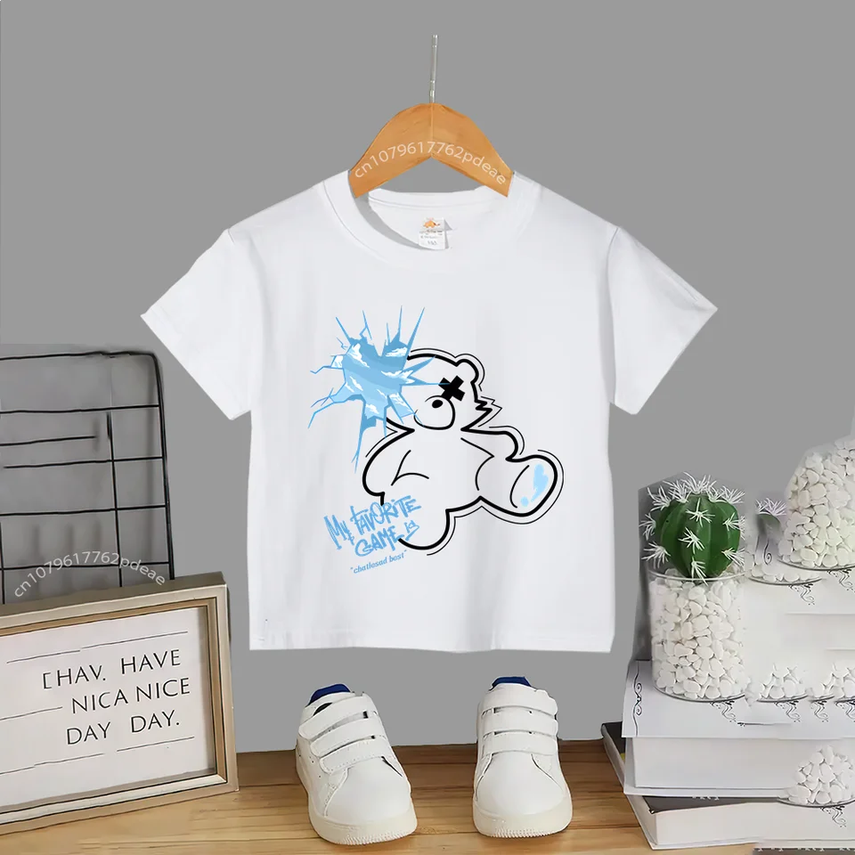 Detské letné ulica Bear Print 100% bavlnené tričko Dievčatá Dievčatá Pohodlné top bavlnené tričko mládež mládežníckeho okrúhleho krku krátky rukáv T-shir