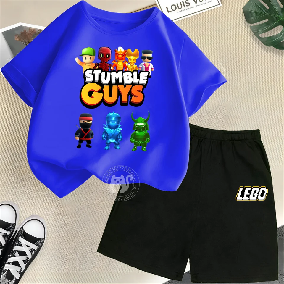 Detské leto 100% bavlnené tričko LEGO Animované Mario Bros. Tlačené chlapci dievčatá krátky rukáv + kraťasy bavlnené pohodlie set