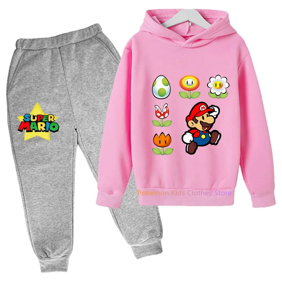 Detské oblečenie chlapci Super Marios-Bros s dlhým rukávom Hoodies Pants 2 PCS Sets Boys Anime Kawaii oblečenie sady športových mikín oblek