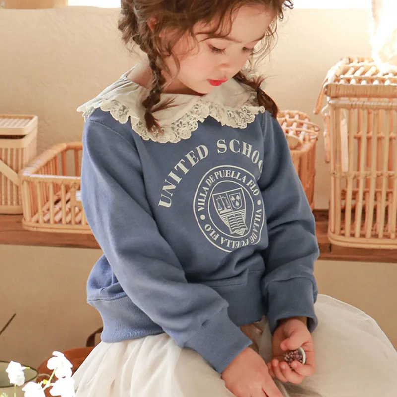 Detské oblečenie Jeseň Sweater Girl's Girl's Long Ruckve Príležitostne tlačené sveter Dievčatko Girl's Blue Doll Crck Sweater s dlhým rukávom 2023