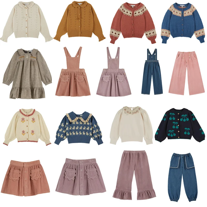 Detské pletené sveter Outwear 2024 AUUTMN Zimné dievčatá šaty retro detské svetre Pullover Denim Corduroy nohavice na nohavice