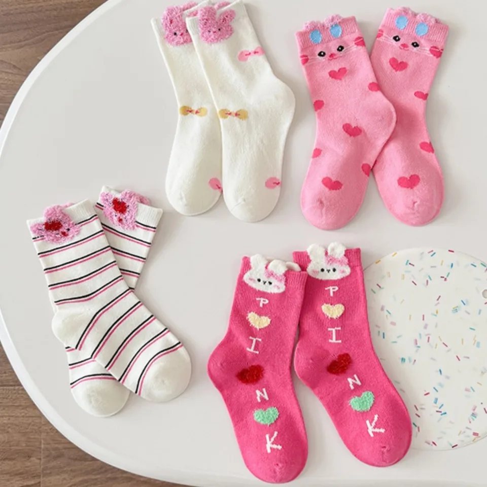 Detské ponožky Nové dievčenské karikatúry Pink Bunny Bunny Detské ponožky na stredné trubice Príležitostné vykostené študentské ponožky Dlhý jeseň Zimný prístup