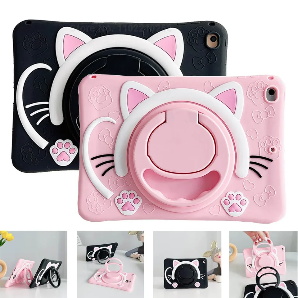 Detské puzdro pre Samsung Galaxy Tab A9 8,7 palca SM-X110 SILICON CAT FACE MEKOVÝ POLOŽKA PRE A9 PLUS 11 SM-X210 s 360 Rotačným stojanom