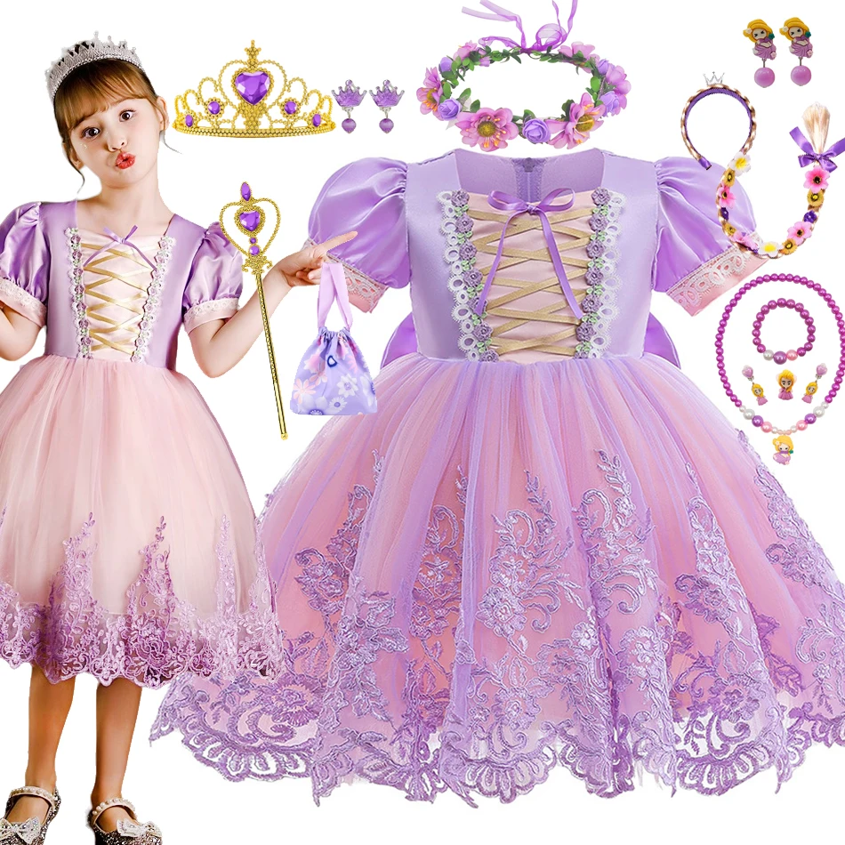 Detské rapunzel šaty sieťovina princezná dievčenské flocin zamotané kostým kostým Halloween Keti narodeninové oslavy vianočné loptové šaty 1-6T
