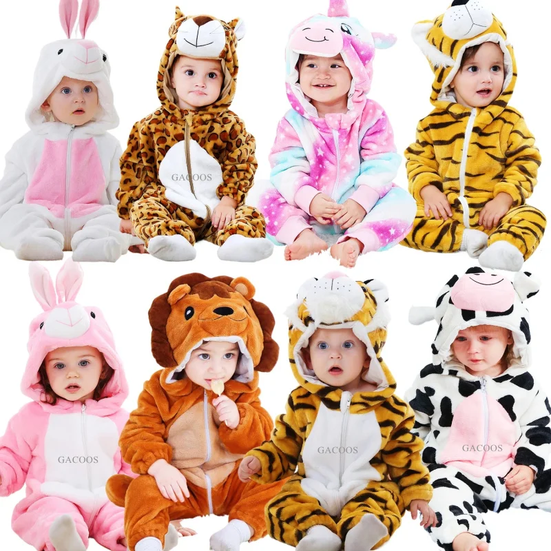 Detské rímske zimné kostým flanel pre dievča chlapca pre batoľa dojčenské oblečenie Deti Celkové zvieratá Panda Tiger Lion Unicorn Ropa Bebe