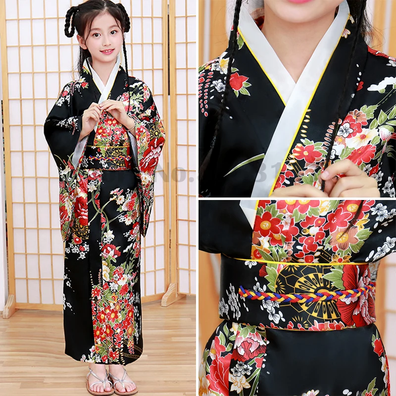 Detské tlačené kvetiny yukata župan šaty vintage japonské tradičné šaty kimono detské dievčatá pódium Performance Performance