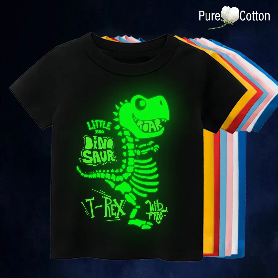 Detské top tričko Fluorescenčné dinosaurové tlačené chlapci Top Priedušné, absorbujúce a nositeľné neformálne zápasy v noci žiaria v noci