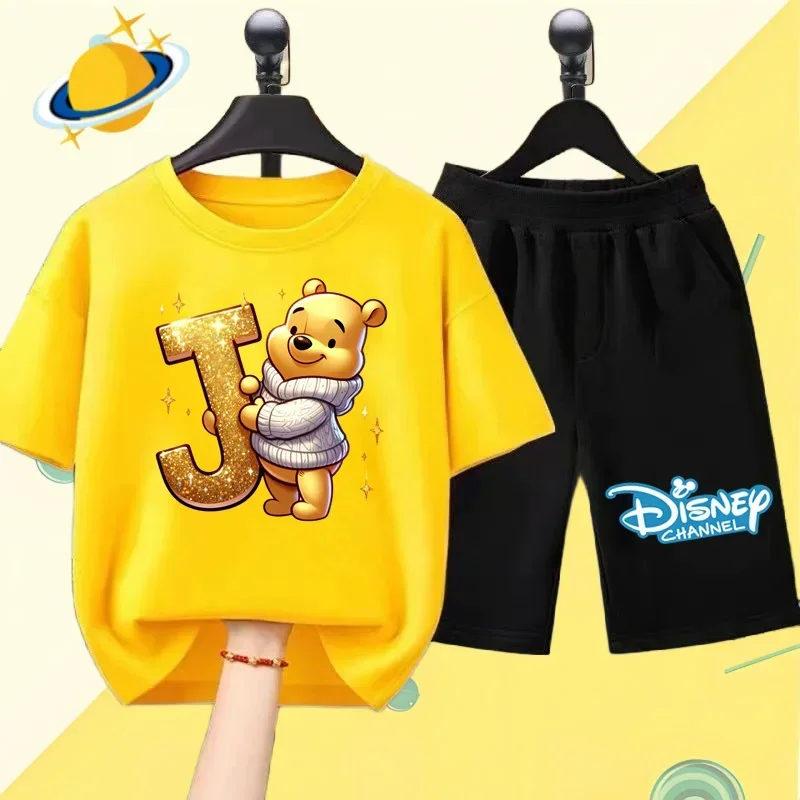 Detské tričko Winnie the Pú Detské tričko Set Letter Tlač chlapcov a dievčat oblečenie Kawaii Športové krátke rukávy 2 tričká