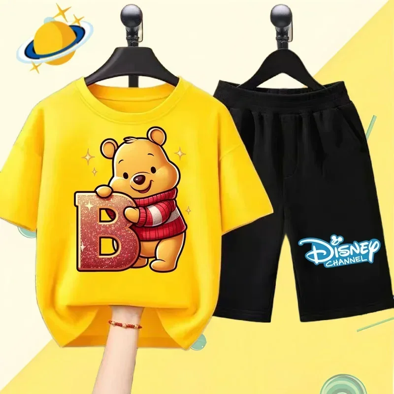 Detské tričko Winnie the Pú Detské tričko Set Letter Tlač chlapcov a dievčat oblečenie Kawaii Športové krátke rukávy 2 tričká