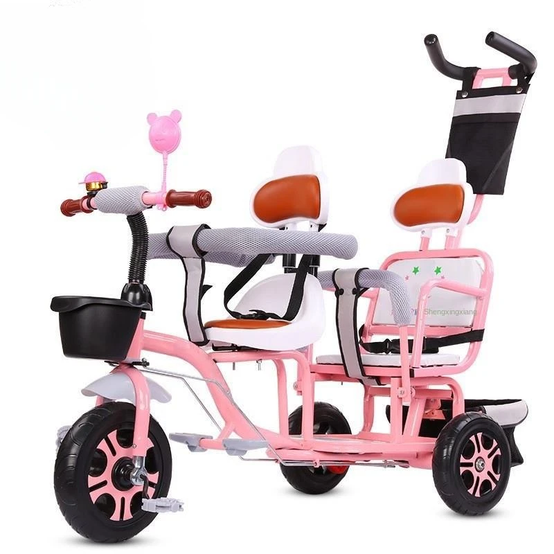 Detské trojkolie berú ľudí dvojčatá bicykle Twin kočíky detské kočíky s dvojitým sedadlom Titánske duté koleso s zábradliami