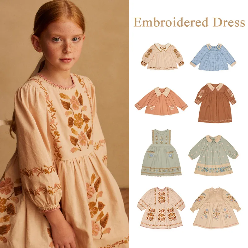 Detské šaty Fall-Winter 2024 AP Girls Retro Style Sukne Dievčatá ťažké práce Vyšívacie šaty kvetinové dievčatá princezné šaty