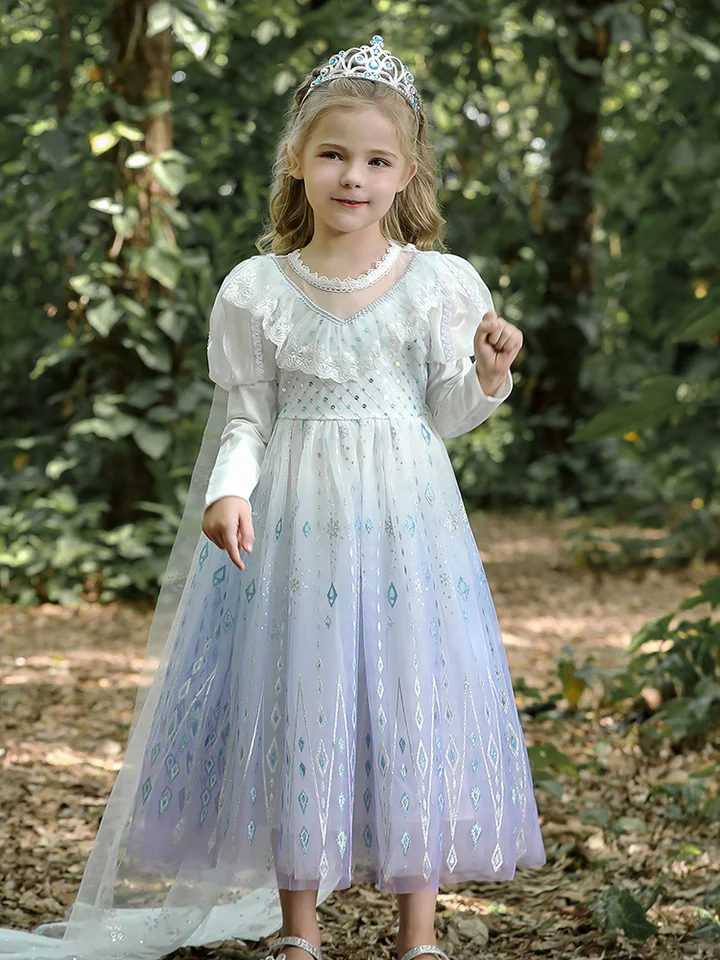 Detské šaty jesenné zima Nový sneh a ľad princezná Elsa Frozen Dress for Girls Narodeninová oslava biele gradient Aisha Mesh Šaty