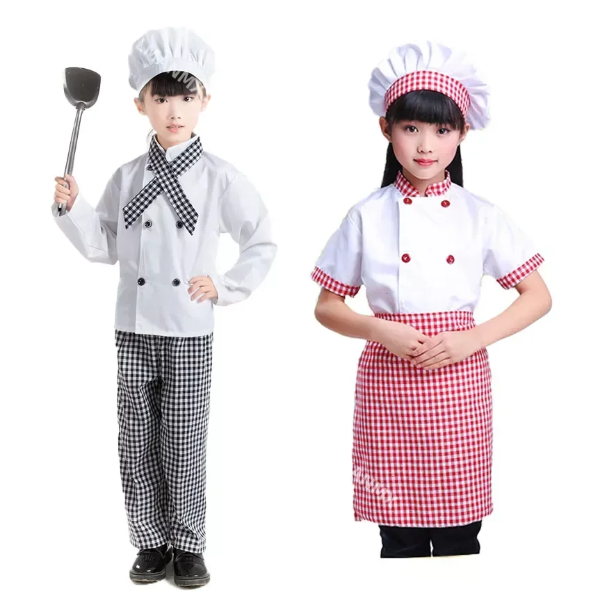 Detské šéfkuchové bunda Plaid Plaid nohavice varenie uniforma stravovacie služby Halloween Karneval cosplay kostýmy pre deti dievčat