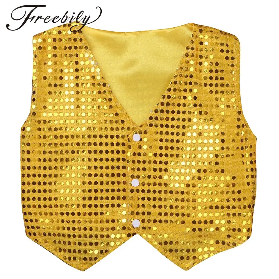 Detskí chlapci lesklé flitry vesty na vestu Jazz hip-hop tanečné kostýmy Halloween Cosplay kostýmy Performance Dance šaty