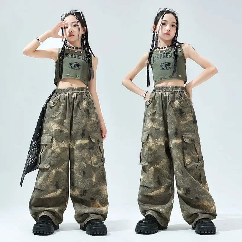 Detský jazzový tanečný odev Dievčatá Trendy Cool bez rukávov Cvičenie oblečenie Summer pupočník kamuflage kpop tanečný oblek