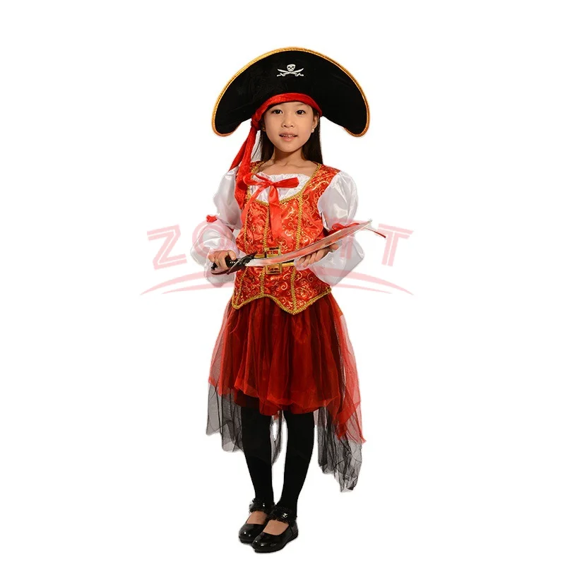 Detský karibský pirátsky kapitán Cosplay kostýmy Rayon Silk Red Top sukňa Hat Belt 4 PCS Set Halloween Cosplay kostýmy