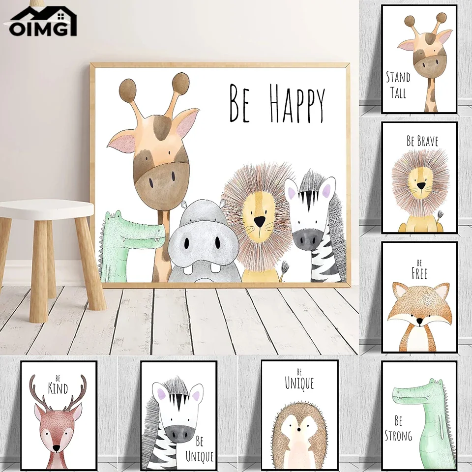 Detský lev zebra žirafa slona Deer krokodíl opičí plagát karikatúra materské plátno