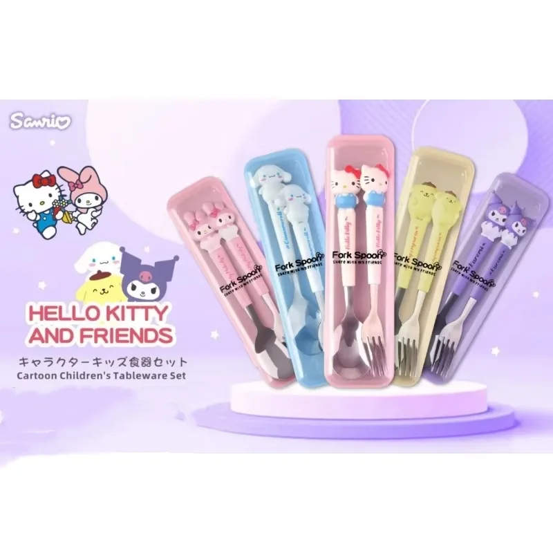 Detský riad sanrio Hellokitty Silikónová rukoväť Cartoon Tatoware Two-Diece Set Fork a Spoon Pohodlný detský darček