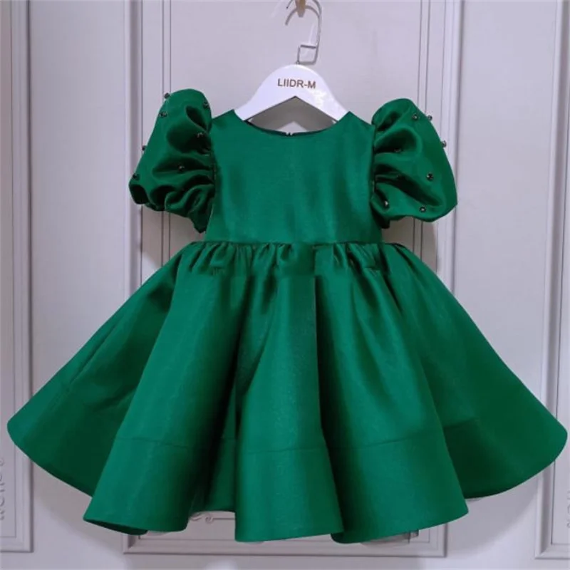Detský vestidos Puff Ruckve Princess Dress Summer Nové dievča tmavozelené príležitostné párty šaty