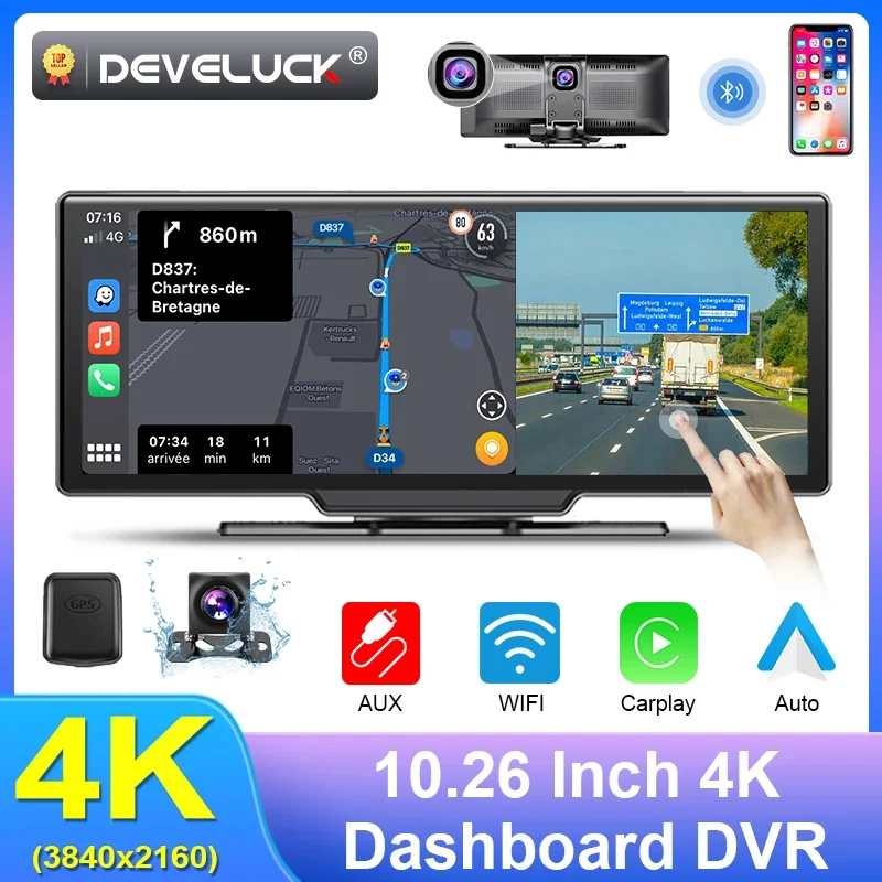 Develuck 10,26 palca 4K CAR DVR CarPlay aux Android Auto 1080p spätné zrkadlo Dash Dash Dual šošovky 3840*2160p Video monitor GPS