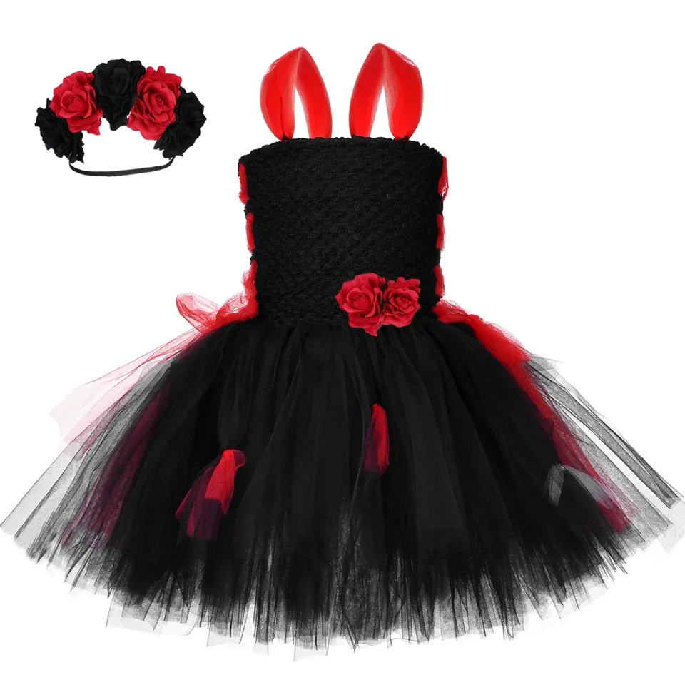 Deň mŕtvej mŕtvoly nevesta Tutu Dress Koste pre dievčatá Halloween Carnival Party Obliekanie červených a čiernych detských kvetinových šiat
