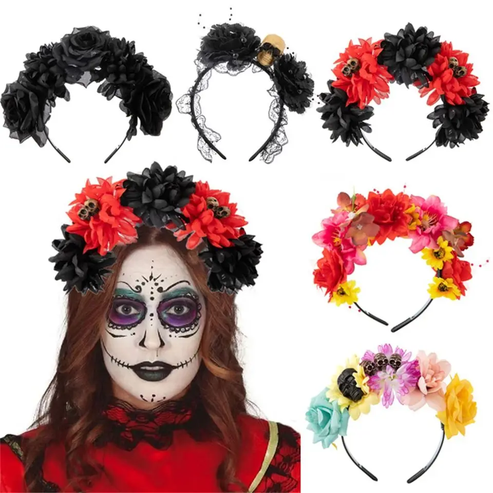 Deň mŕtvych Halloween Rose Flower Headband Čierny závoj Svadba Mexická ružová kvetina čelenka Kostý Cosplay Party