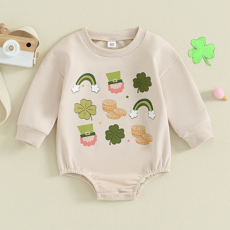 Deň sv. Patricka dievčatka Romper Shamrock Rainbow Print Round Crck Dlhý rukáv Kyčník pre batoľa