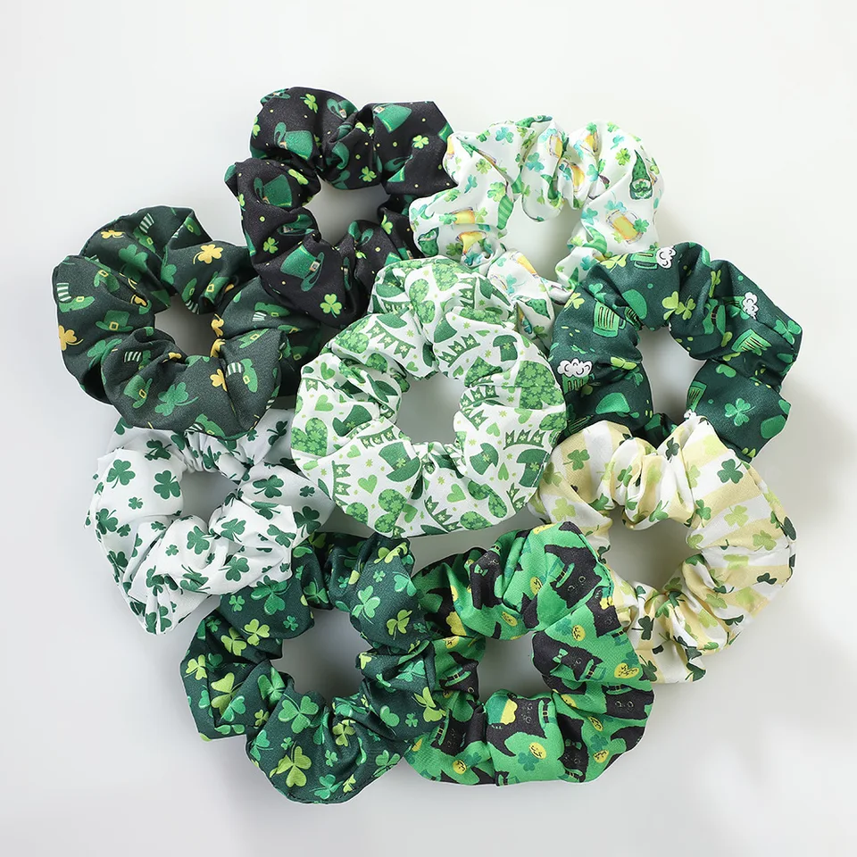Deň sv. Patricka Scrunchies Forest Style Fresh Green Clover Head Tries Party Holiday Wear Hair Accessories