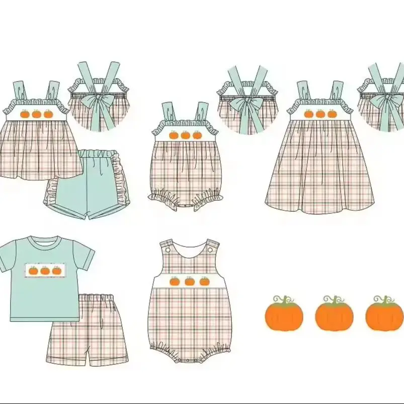 Deň vďakyvzdania Boutique Deti set podväzky čipky tekvicové tlače kraťasy Plaid Girl Boy Plaid Shorts Set Baby Romper šaty