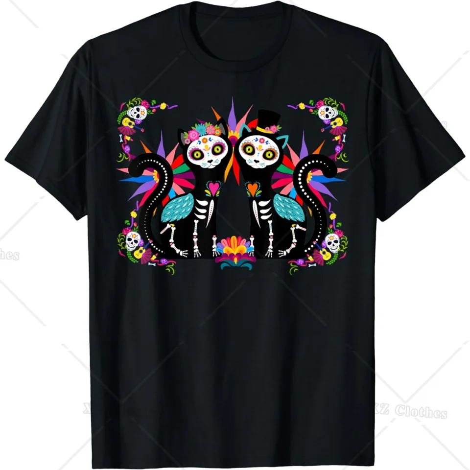 Dia de los Muertos cukor lebka mačka pár Mexiko Halloween Tričko pre ženy mužov