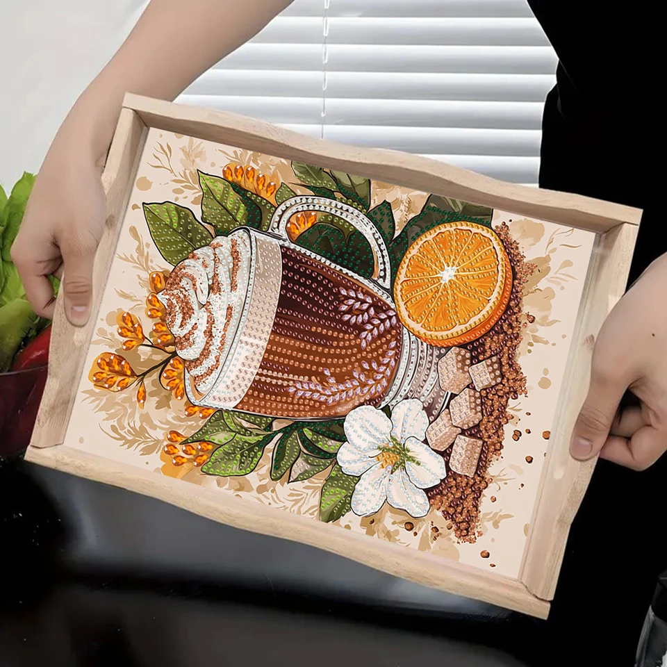 Diamantová maľba Drevená podnos s rukoväťami DIY Diamond Maľovaný drevený jedálenský tanier dobrý na večierky alebo podnos na posteľ