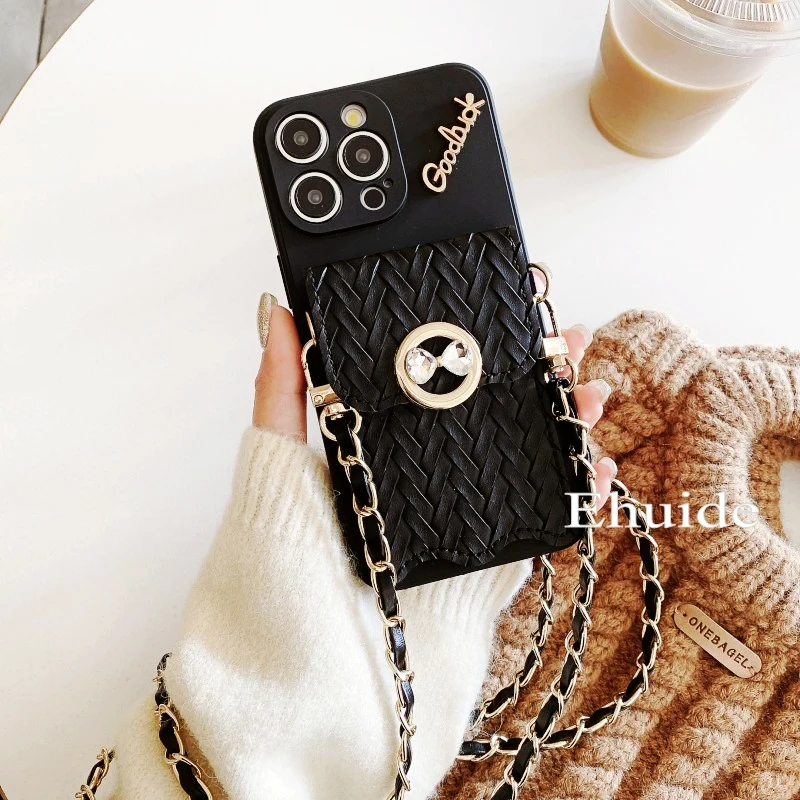 Diamantové puzdro tkanej peňaženky pre Samsung Galaxy S25 Ultra S24 Fe S21 S22 S20 S23 plus kovový kožený remienok Crossbody Lanyard Cover