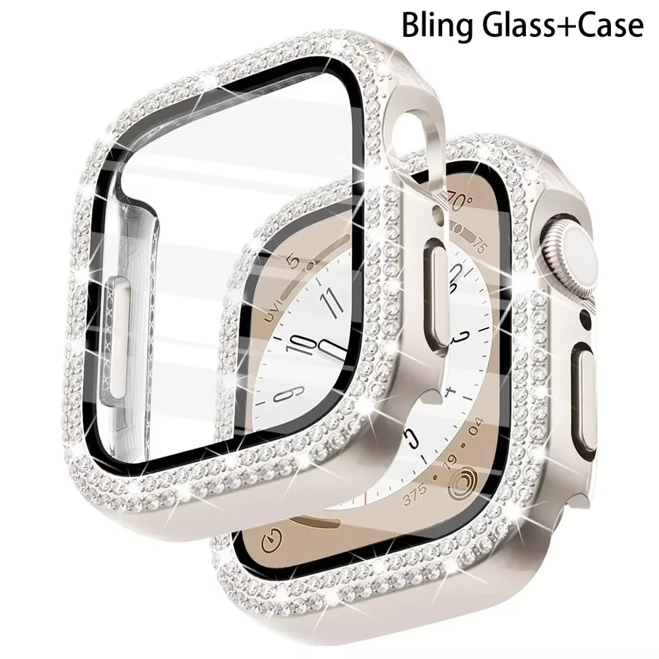 Diamantový kryt pre puzdro na hodinky Apple 46 mm 42 mm 44 mm 41 mm temperované sklo+blingový nárazník Chránič IWATCH Series 10 9 8 7 6 5 4