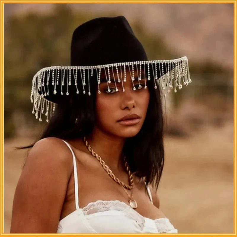 Diamond Fringe Bride Cowgirl Hat Summer Vintage Cowboy Hat Rinestone Fringe Cowgirl Darček pre ženy
