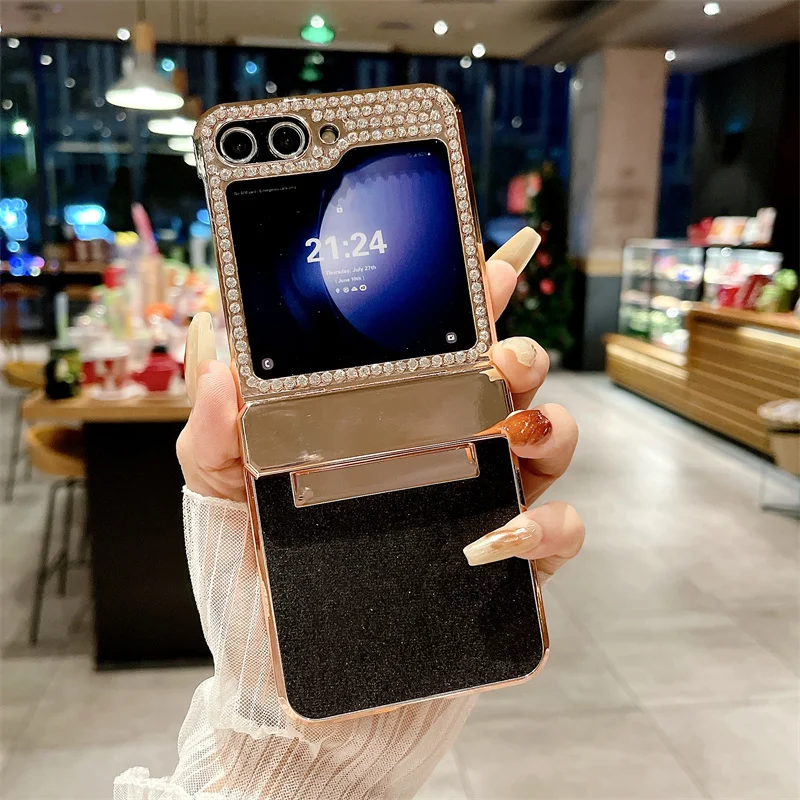 Diamond šumivé práškové puzdro pre telefón Samsung Galaxy Z Flip 6 5 4 3 Flip6 flip5 flip4 flip3 Elektroplatný kryt skrutkového závesu