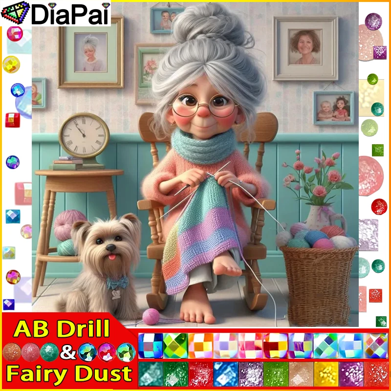 Diapai Fairy Dust AB DIY 5D Diamond Painting Babička Dog Scarf Úplný diamantový výšivka Obrázok kamienok pre festival