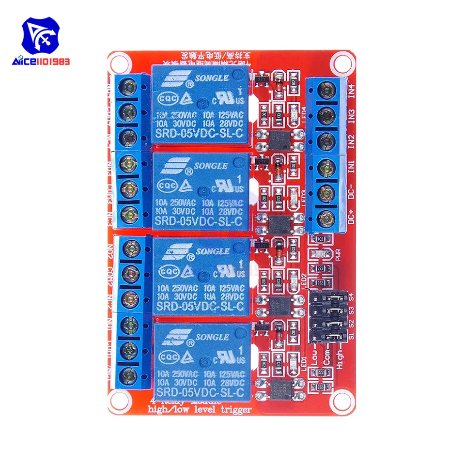 DIEMORE 5V / 9V / 12V / 24V 4 kanálový reléový štít s OptoCoupler High & Low Trigger Trigger Board pre Arduino