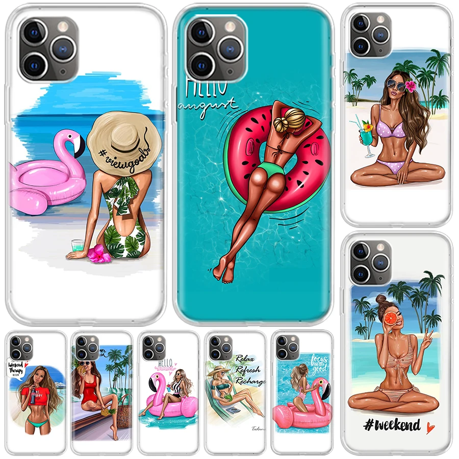 Dievča Flamingo Summer Beach Cover pre iPhone 16 15 14 13 12 11 Pro Max