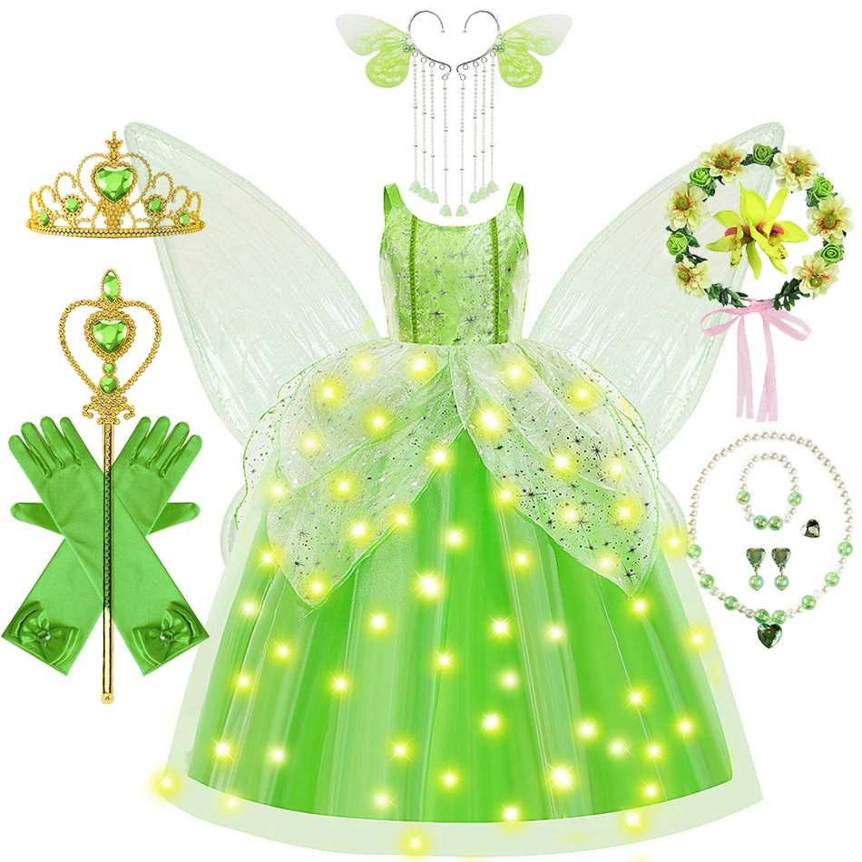Dievča Tinker Bell Green Princess Dress Tinkerbell Sling Fliter Floor Dĺžky Frocks s krídlami Halloween Party Elegantné šaty
