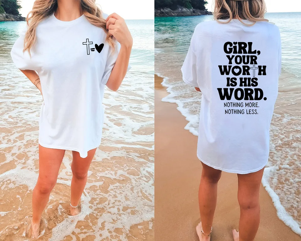 Dievča tvoja hodnota je jeho slovo nadmerne nadmerné tričko Christian Loose Tee Duševné zdravie Ženy Trendy Trendy Casy Cotton Estetic Top