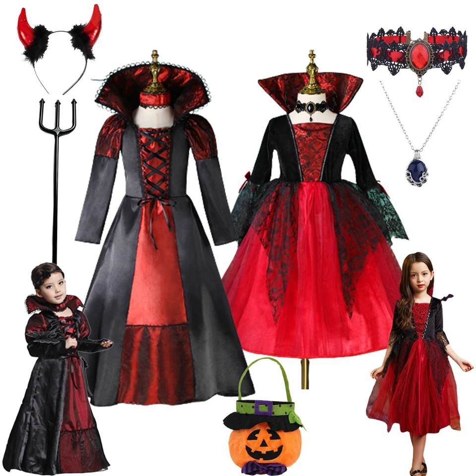 Dievča upírske halloweenské šaty pre detskú duchovnú nevestu gotický cosplay upírový gróf gróf Vampiran Carnival outfit čierne červené oblečenie