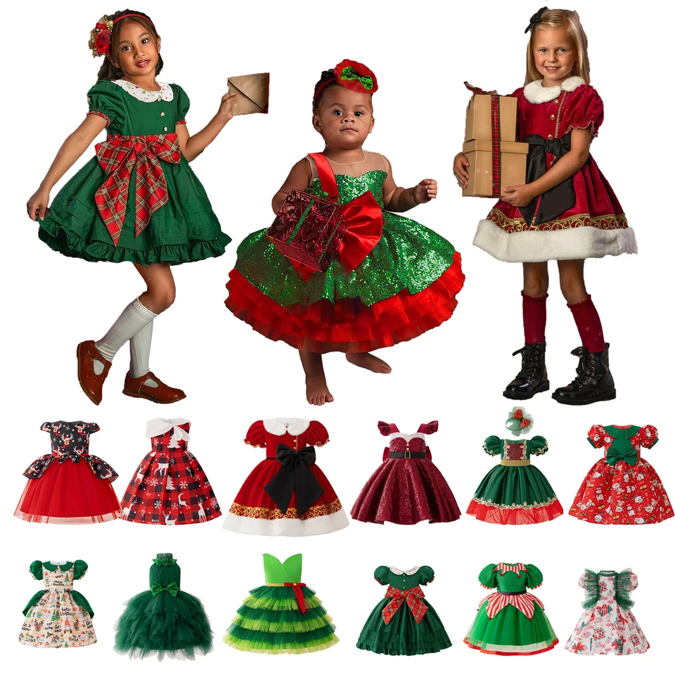 Dievča vianočné šaty Elk Santa Claus karneval cosplay halloween kostým červené narodeninové oslavy šaty šaty Zelené svetlo snehuliak detské oblečenie