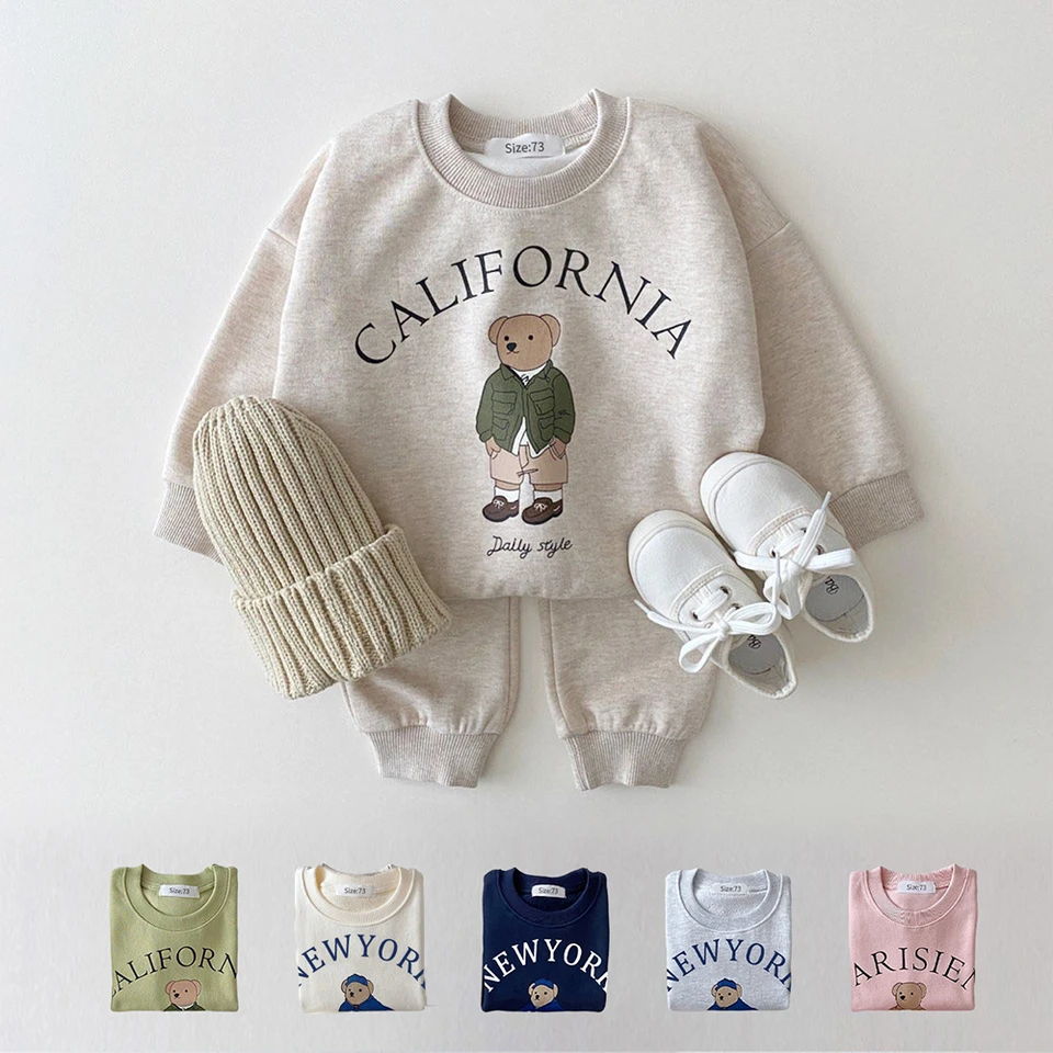 Dievčatko Girl Clothing Sets Deti medveď pullover mikiny + jednoduché tuhé bavlnené športové nohavice 2pc detské oblečenie chlapec nový oblek