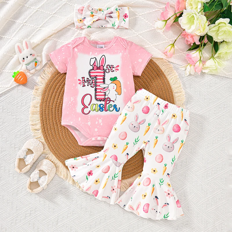 Dievčatko Moje prvé veľkonočné oblečenie krátky rukáv Bunny bunny brada ovocie vajíčko Flare Pants Bow čelenka 3 PCS Sada pre batoľa