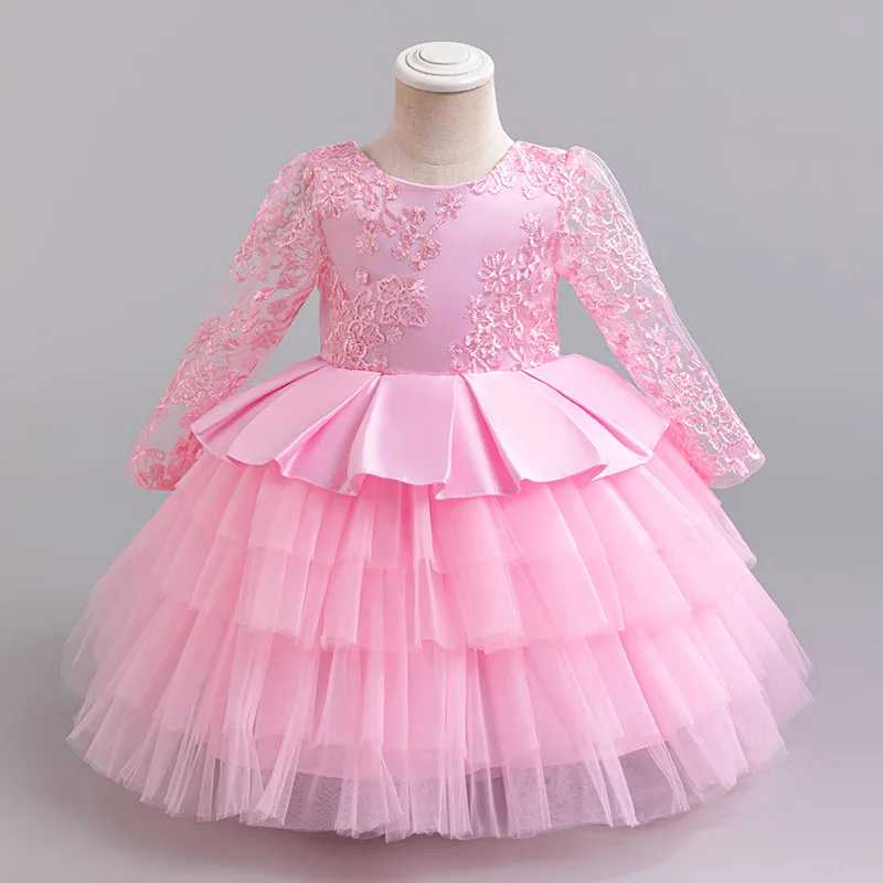 Dievčatko oblečenie čipky s dlhými rukávmi novorodenca Novorodenca 1. narodeniny Krst ružové šaty Svadobné šaty pre dievčatá Vestidos