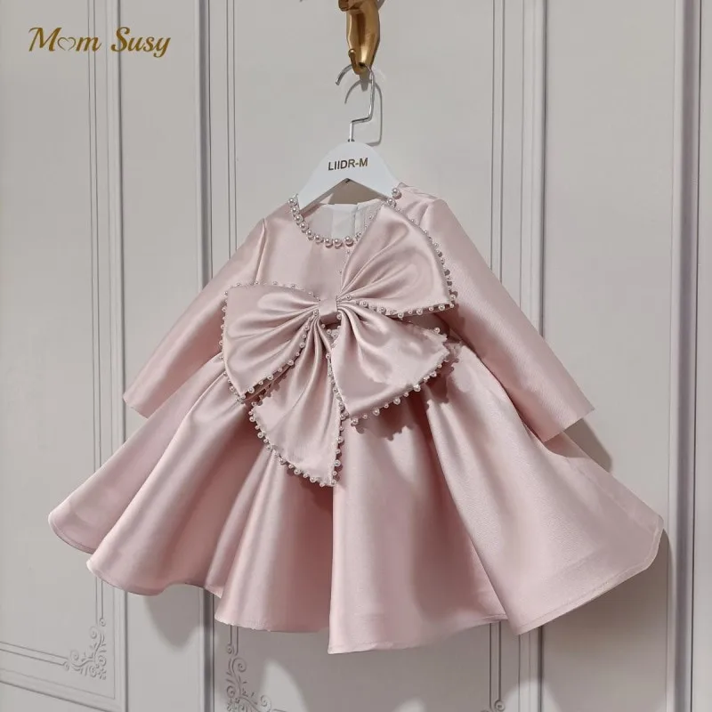 Dievčatko Princezná hodvábne perlové šaty s dlhým rukávom Dojčenské batoľa dieťa Vintage Bow Vestido Party Pageant narodeniny oblečenie 1-14y