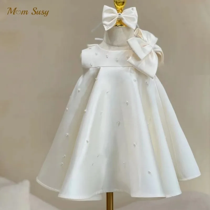 Dievčatko Princezná Pearl Tulle Šaty luk bez rukávky Dojčatá batoľa Vintage Vestido Party svadobné narodeniny detské oblečenie 1-10Y