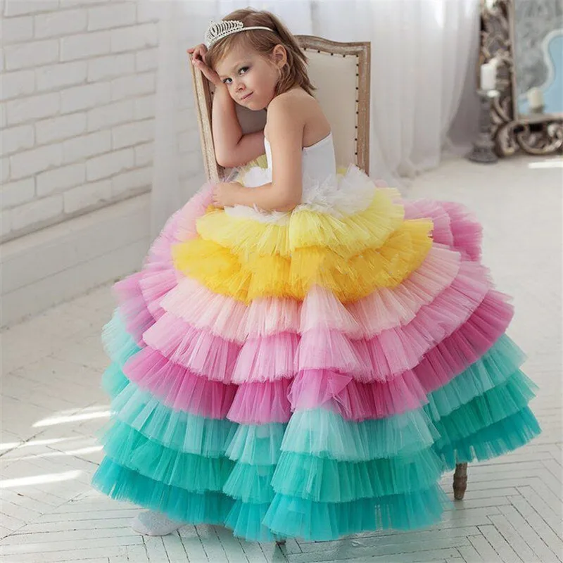 Dievčatko princezná vrstvené tutu šaty dúhové dieťa batoľa Tyl Tulle Patchwork Vestido večerné párty sprievodné narodeniny 1-12y