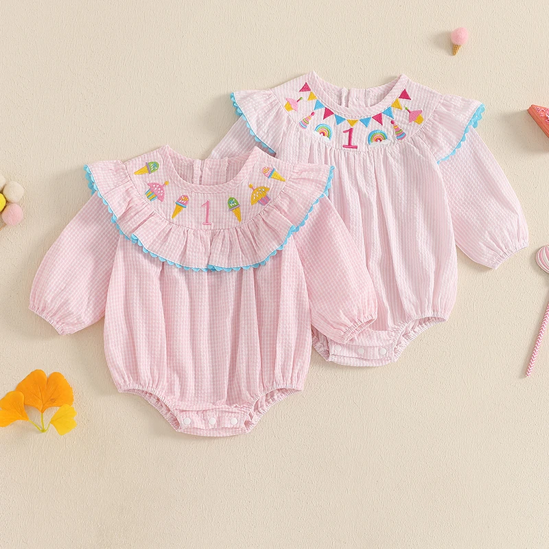 Dievčatko prvé narodeniny outfit Smocked Bubble Romper Ice Cream Ruffle 1pc s dlhým rukávom Plaid Plaid Bodysuit